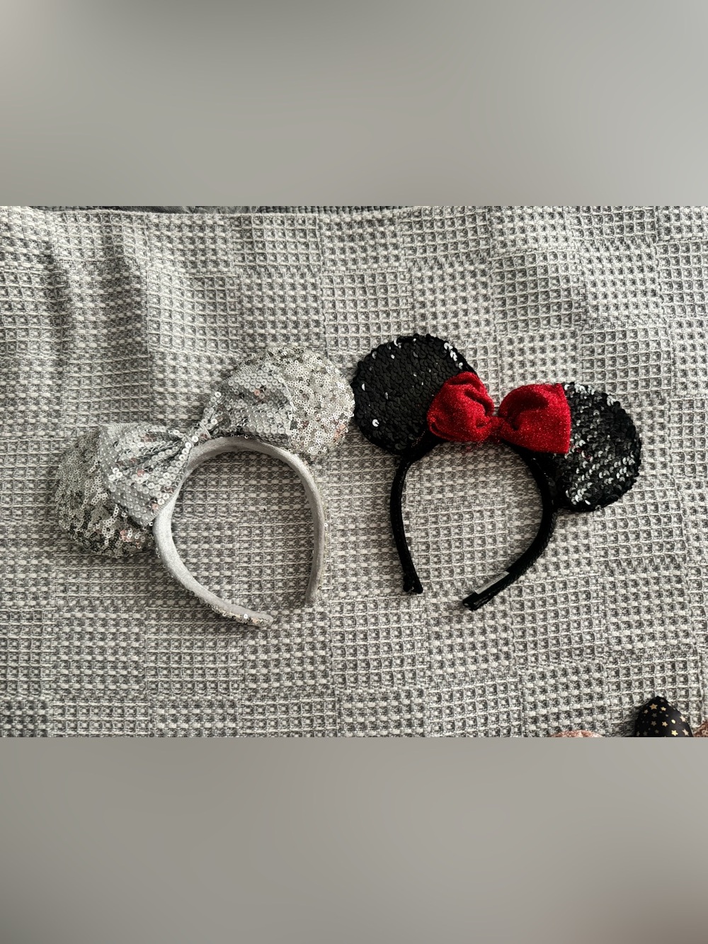 Sequin Minnie Ear Headbands - Silver & Black with Red Bow